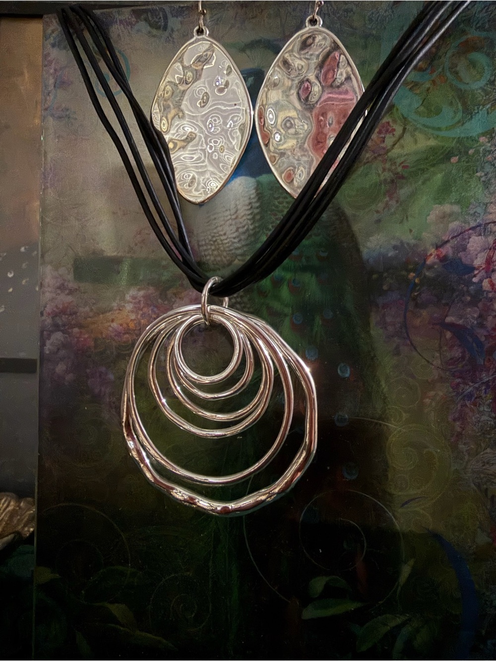 Anne Klein Modernist Multi-cord Ring Pendant Necklace and Hammered Earrings set